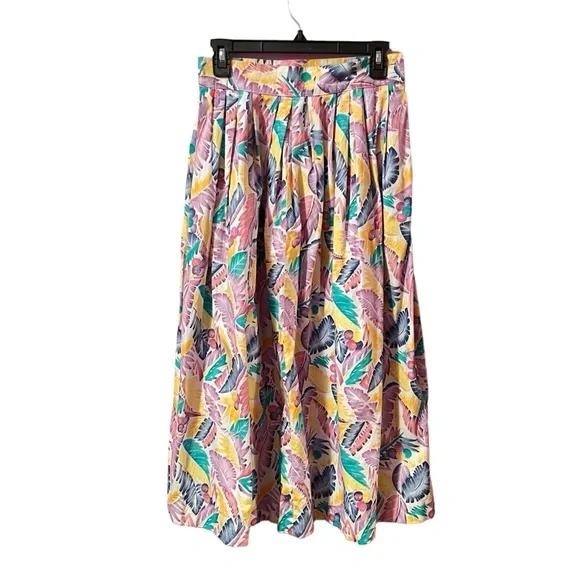VINTAGE 80S MIDI SKIRT TROPICAL FLORAL PRINT COLORFUL PASTELS POCKETS XS - Picture 4 of 10
